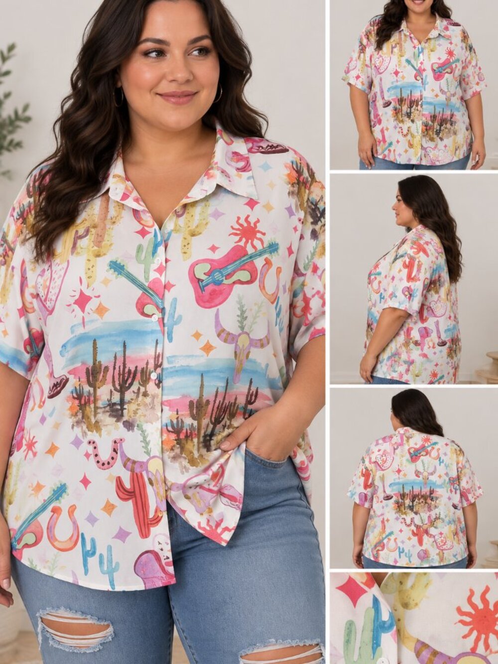 🌟 2/$15 SHEIN White Multicolour Western Print Button-Up Shirt